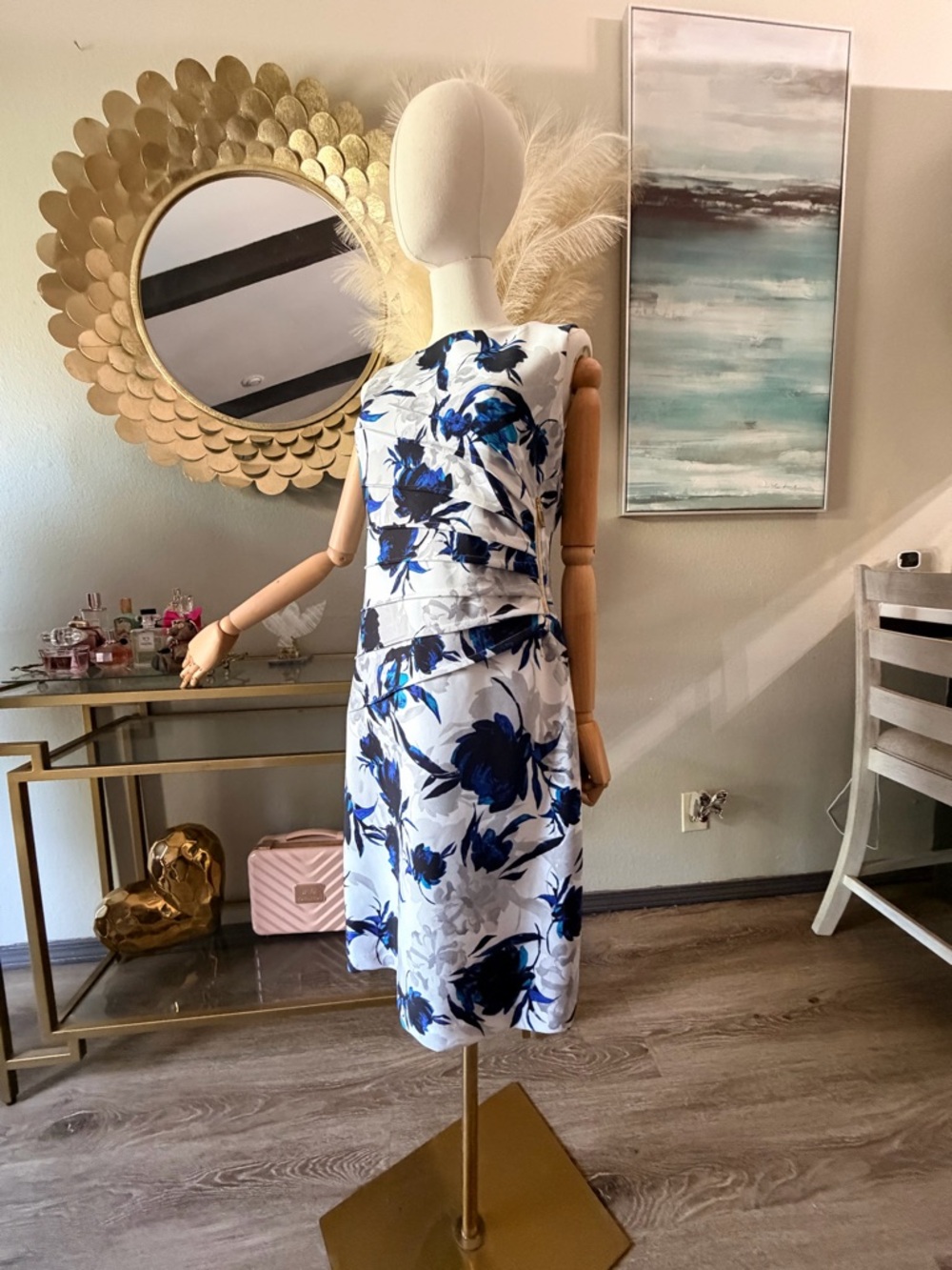Ivanka Trump White Midi Dress with Blue Floral Pattern - Picture 7 of 11